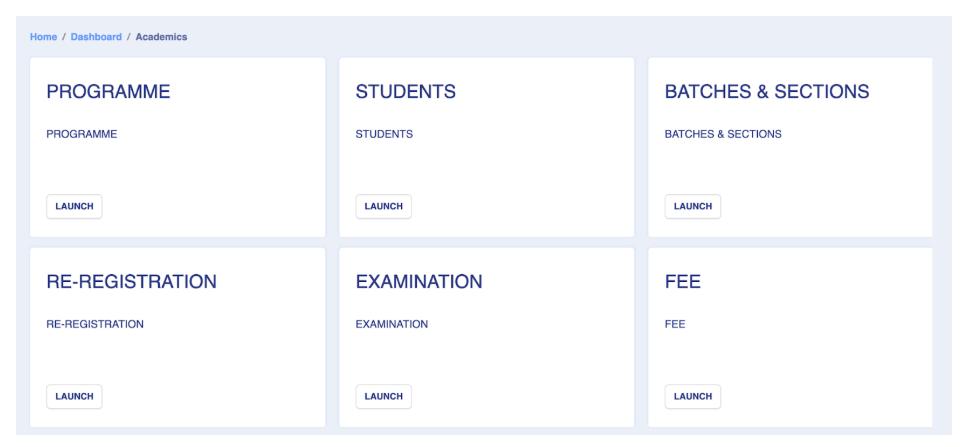 Samarth portal academic dashboard showing programme students batches examination and fee modules