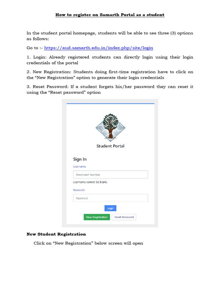 Student portal registration guide showing login new registration and reset password options