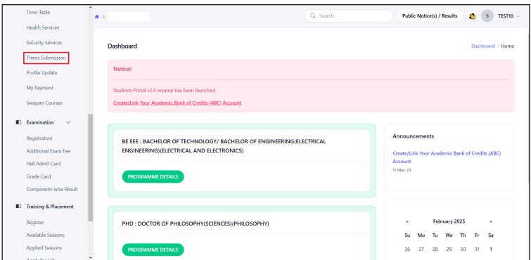 Samarth student dashboard showing examination services and thesis submission navigation